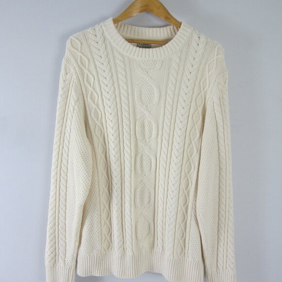 LL Bean Mens XL Ivory Organic Cotton Aran Cable Knit LS Crew Neck Sweater - Picture 1 of 10